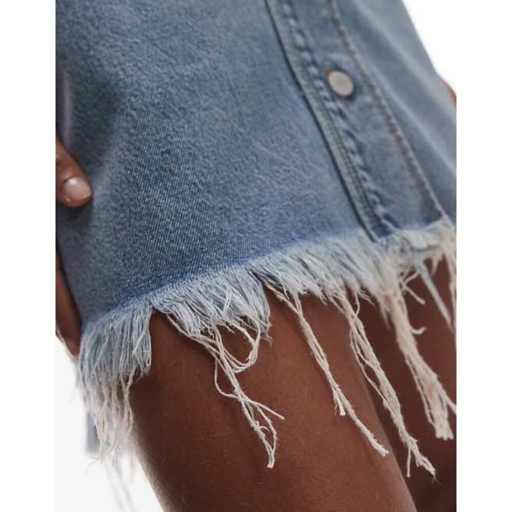 AllSaints Faye Frayed Short Sleeve Mini Denim Dress Jean Raw Edge Button Up - Picture 8 of 14